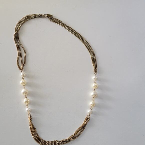 Vintage Faux Pearl Gold Tone Necklace Multi Strand Chain Elegant Costume Jewelry - Picture 1 of 10